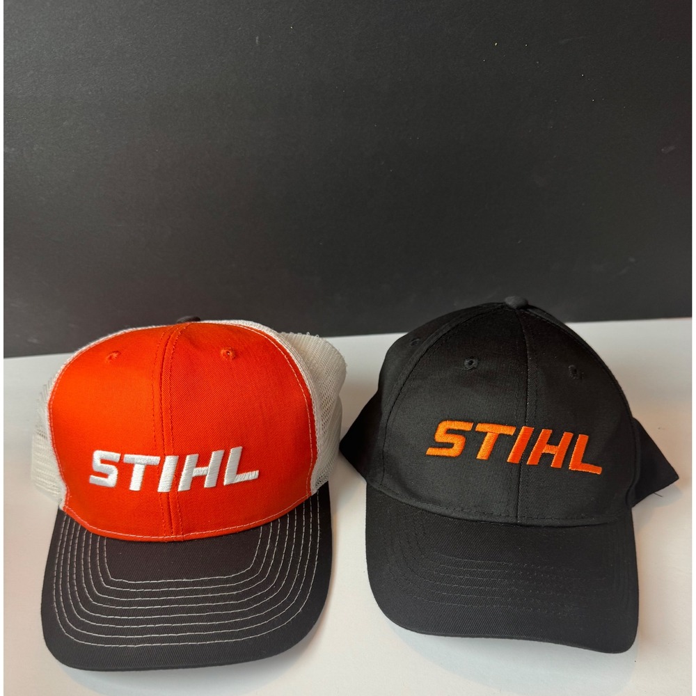 STIHL Hat Lot of 2 Black Orange Mesh Trucker Snapback Adjustable Baseball Caps